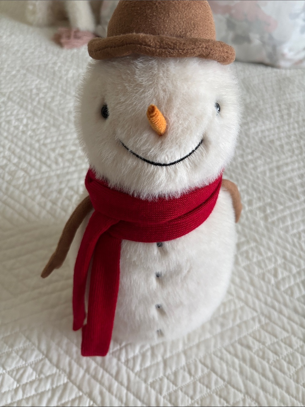 Jellycat White Snowman with Red Scarf and Brown Hat